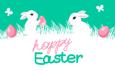 Easter poster and banner template with Easter eggs. Greetings and presents for Easter Day with rabbit. Promotion and shopping template bunny for Happy Easter. Greeting card. Spring holiday