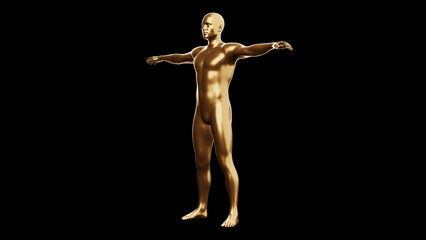 Beautiful young metallic gold man posing, isolated on black background. 3d illustration (rendering). Golden mannequin, android.