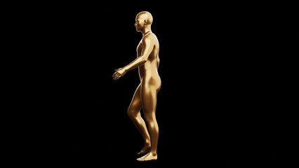 Beautiful young metallic gold man posing, isolated on black background. 3d illustration (rendering). Golden mannequin, android.