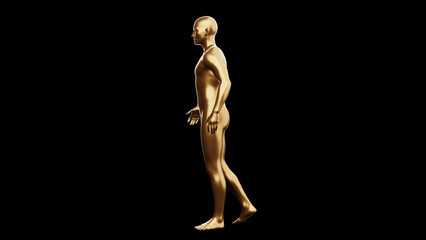 Beautiful young metallic gold man posing, isolated on black background. 3d illustration (rendering). Golden mannequin, android.