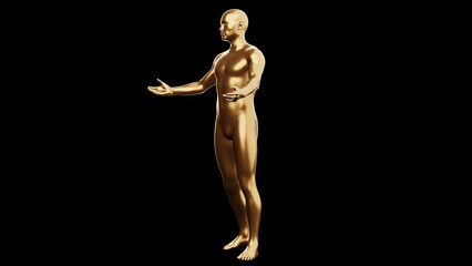 Beautiful young metallic gold man posing, isolated on black background. 3d illustration (rendering). Golden mannequin, android.