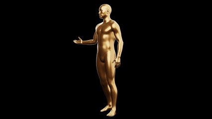 Beautiful young metallic gold man posing, isolated on black background. 3d illustration (rendering). Golden mannequin, android.