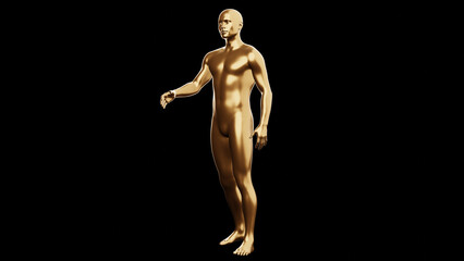 Beautiful young metallic gold man posing, isolated on black background. 3d illustration (rendering). Golden mannequin, android.