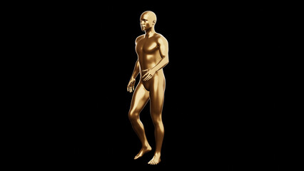 Beautiful young metallic gold man posing, isolated on black background. 3d illustration (rendering). Golden mannequin, android.