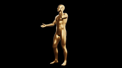 Beautiful young metallic gold man posing, isolated on black background. 3d illustration (rendering). Golden mannequin, android.