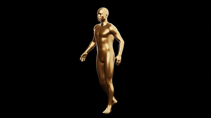 Beautiful young metallic gold man posing, isolated on black background. 3d illustration (rendering). Golden mannequin, android.