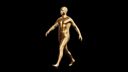 Beautiful young metallic gold man posing, isolated on black background. 3d illustration (rendering). Golden mannequin, android.