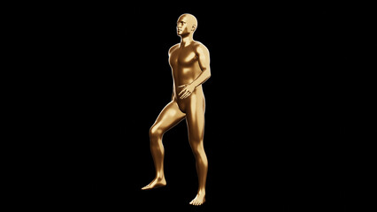 Beautiful young metallic gold man posing, isolated on black background. 3d illustration (rendering). Golden mannequin, android.