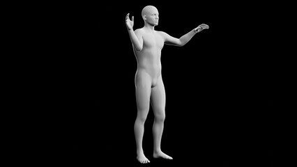 Beautiful young man posing, isolated on black background. 3d illustration (rendering). Plastic shiny mannequin, android, robot.