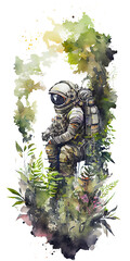 watercolor astronaut with plants forest