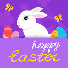 Easter poster and banner template with Easter eggs. Greetings and presents for Easter Day with rabbit. Promotion and shopping template bunny for Happy Easter. Greeting card. Spring holiday