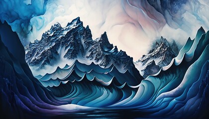 Watercolour Oceancore Fractal Mountains. Generative AI