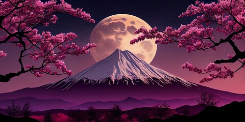 Mount Fuji and cherry blossoms which are viewed from Japan landscape purple and pink sky, some stars and the full moon, tres blossom. Generative AI technology - obrazy, fototapety, plakaty