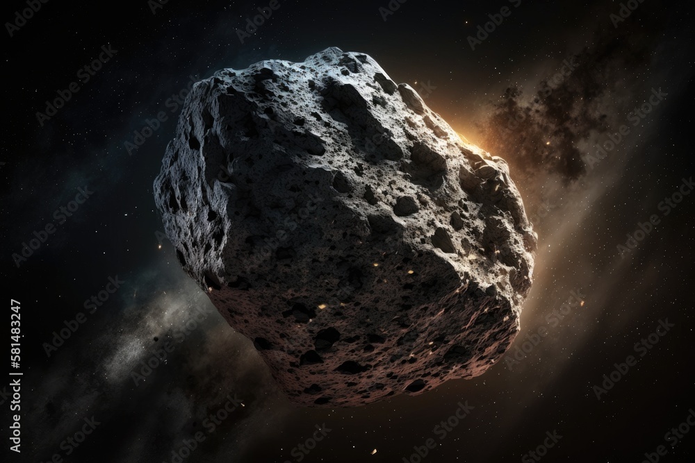 Poster big asteroid in the space. potentially hazardous asteroids. asteroid in outer space. international a