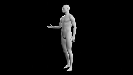 Beautiful young man posing, isolated on black background. 3d illustration (rendering). Plastic shiny mannequin, android, robot.