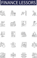 Finance lessors line vector icons and signs. Financiers, Lenders, Investors, Underwriters, Creditors, Guarantors, Borrowers, Securitizers outline vector illustration set - obrazy, fototapety, plakaty