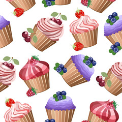 Seamless pattern delicious cream cakes decorated with berries:raspberries, strawberries, blueberries, cherries on a white background.Vector pattern for menu designs of restaurants, pastry shops,textil