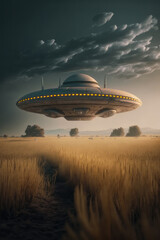 Flying saucer over wheat field, vertical illustration. AI generative.