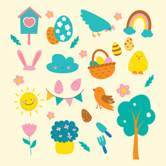 set of eggs and flowers and Easter seamless pattern with rabbits and bunny free vector