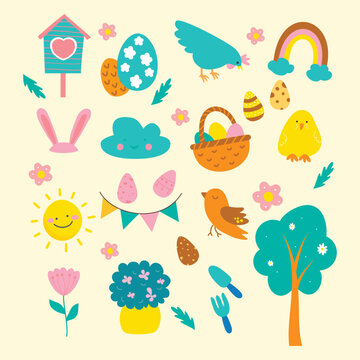 set of eggs and flowers and Easter seamless pattern with rabbits and bunny free vector © designer skull