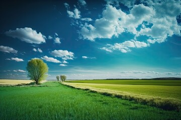 Green field, landscape of meadow with grass and blue sky in spring. Generative AI