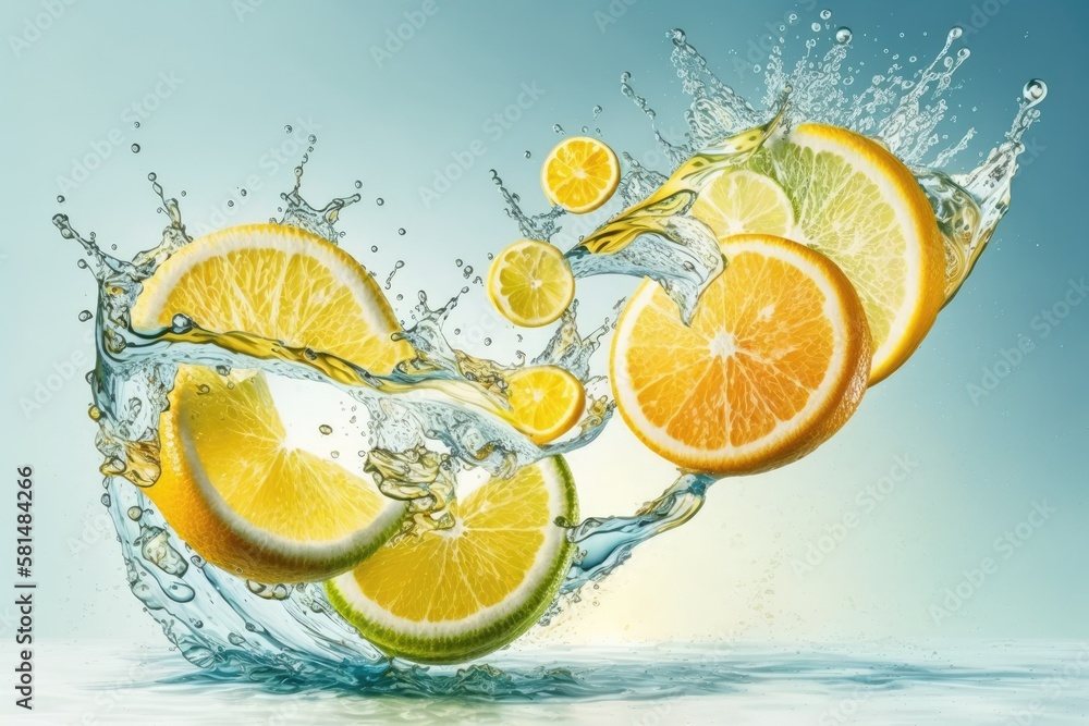 Poster lemon slices dropped into sparkling water for a juice based beverage. generative ai