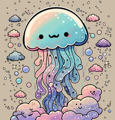 Pattern with Сartoon cute smiling jellyfish or octopus with Sealife on beige background. Perfect content for wallpaper, postcards, posters, fabric, napkins and other creative projects.