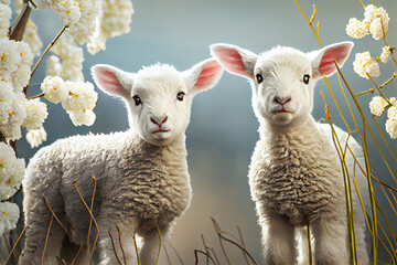 Obraz premium Two little white sheep, ai generative
