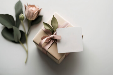 Gift box blank card template on light grey background. Elegant minimalistic greeting card concept. AI generative