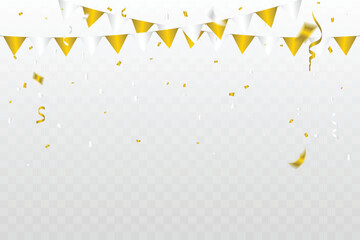 Golden Party Flags With Confetti And Ribbons Falling On Transparent Background. Celebration Event. Birthday. Vector