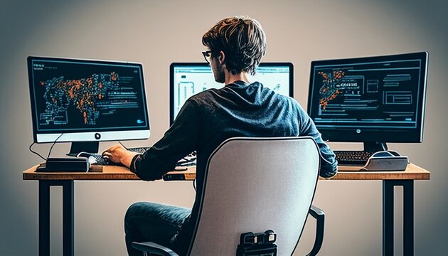 a young man reclines Generative AI was created on a coding chair with three computers.