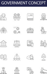 Government concept line vector icons and signs. Regulation, Legislation, Bureaucracy, Governance, Sovereignty, Democracy, Constitution, Autocracy outline vector illustration set - obrazy, fototapety, plakaty