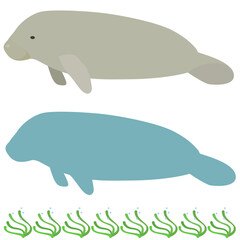 Cartoon-style manatee and manatee silhouette and eelgrass bed border decoration set