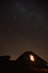 Night shot of a mountain lodge lit up outside
in the Austrian Alps in the Hohe Tauern mountains