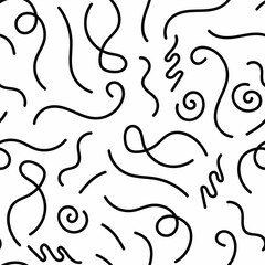 Raster illustration. Monochromatic  abstract black scribbles on white background seamless repeat pattern.