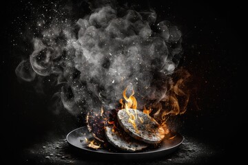 With sparkles and white smoke, hot coals are burning on a barbeque plate against a dark background. Generative AI