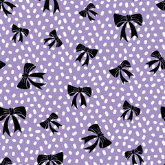Raster illustration. Bows and ribbons silhouette on abstract dots pattern with lilac background seamless repeat pattern design.