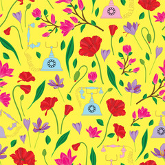 Vector illustration. Colorful garden with retro style telephones on yellow background seamless repeat pattern.