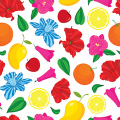 Raster illustration. Colorful flowers and fruits on white background seamless repeat pattern design.