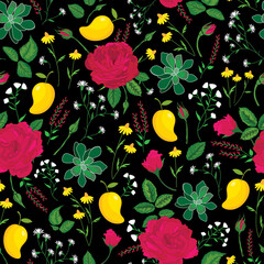 Raster illustration. Roses and mangoes with wild flowers on black background seamless repeat pattern.