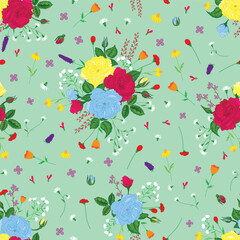 Vector illustration. Colorful rose bunches with wild flowers on light greenish blue background seamless repeat pattern.