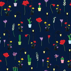 Vector illustration. Night garden flowers with street lamp on navy blue background seamless repeat pattern.
