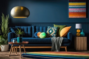 Retro lampshade above a simple, wooden coffee table on a navy blue rug in a colorful living room interior with pillows on a couch. Real photo. Generative AI