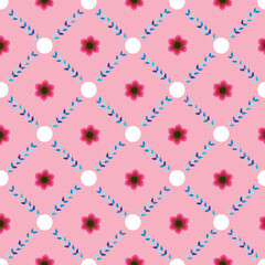 Raster illustration. White polka dots with pink flowers on pastel pink backround  geometric seamless repeat pattern