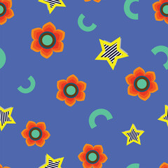 Raster illustration. Psychedelic flowers and stars on blue background seamless repeat pattern.