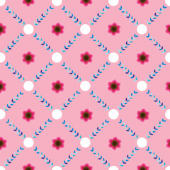 Vector illustration. White polka dots with pink flowers on pastel pink background  geometric seamless repeat pattern