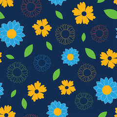 Raster illustration. Retro flowers and leaves on navy blue background seamless repeat pattern.