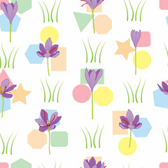 Raster illustration. Purple Saffron flowers with geometric shapes on white background seamless repeat pattern.