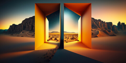 Door to new dimension, future portal. 3d illustration. AI generative.