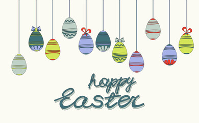 Naklejka premium Easter poster and banner template with suspension Easter eggs. Greetings and presents for Easter Day in flat lay styling. Promotion shopping template for Happy Easter. Greeting card. Spring holiday